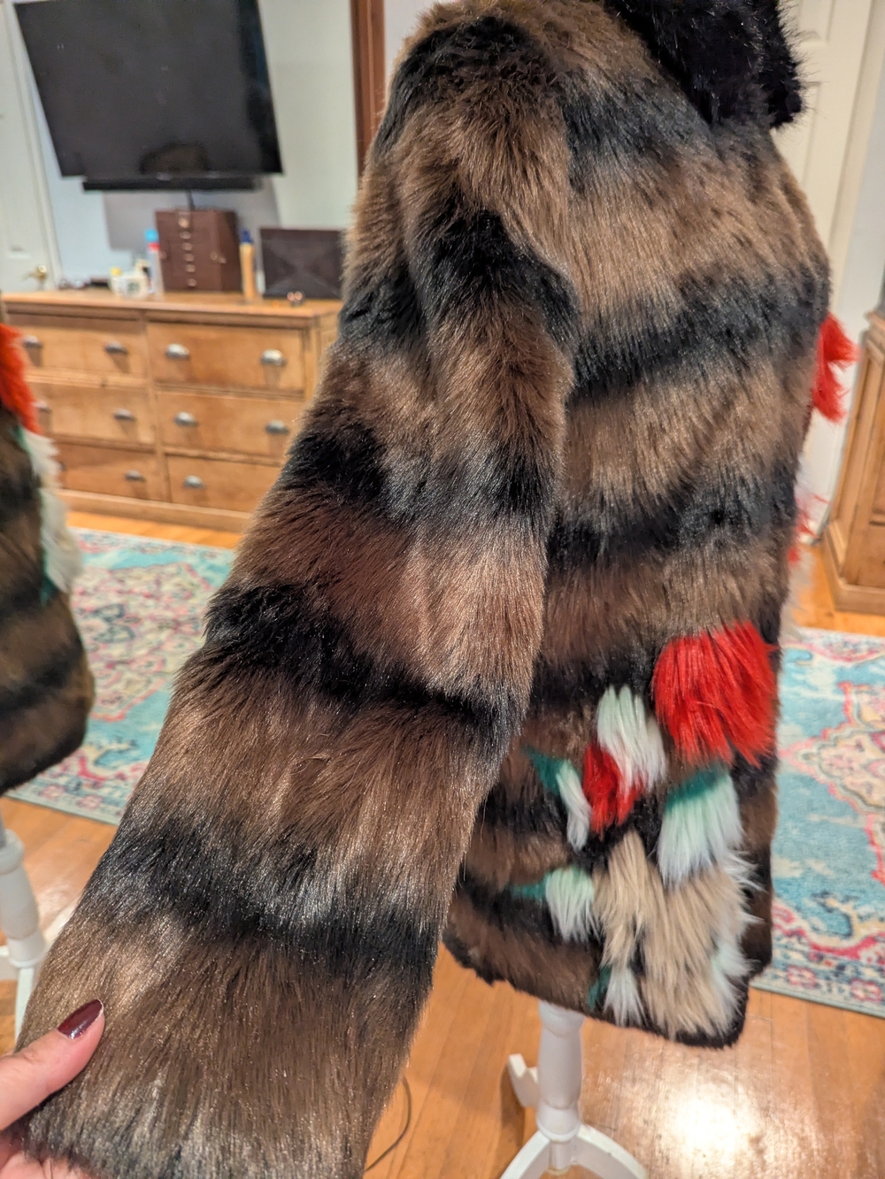 Zara Brown Faux Fur Coat with Black Collar and Red & Green Pom Accents #1253 - Picture 7 of 16